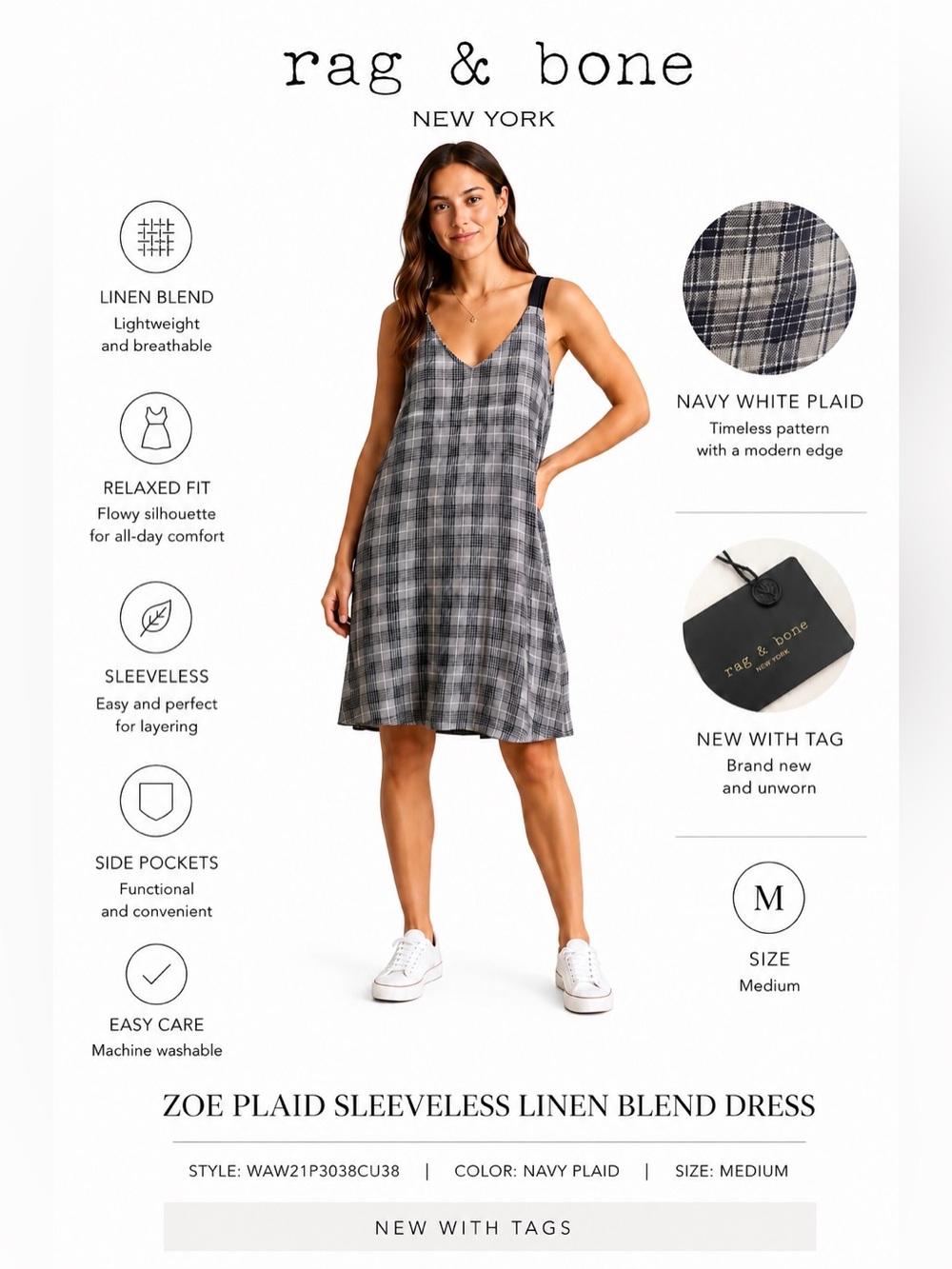 Rag & Bone Navy White Dress Style Zoe Plaid sleeveless Linen blend NWT Med